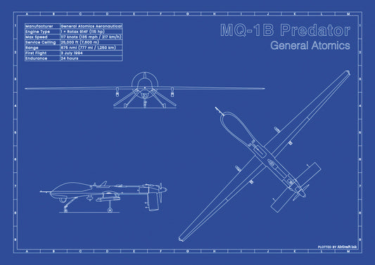 Predator MQ-1B technical aircraft plan drawing in blueprint style, aviation wall art poster gift for aircraft enthusiasts and pilots.