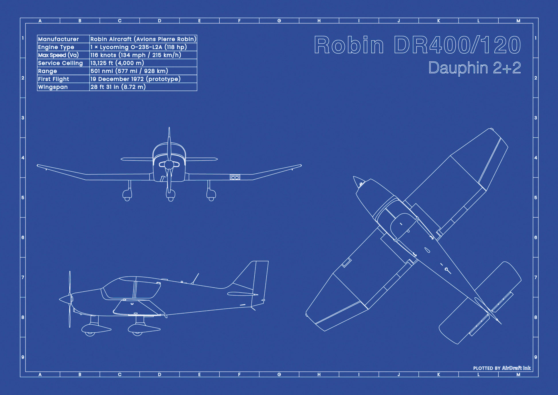Robin DR400 120 hp Dauphin 2+2 technical aircraft plan drawing in blueprint style, aviation wall art poster gift for aircraft enthusiasts and pilots. 