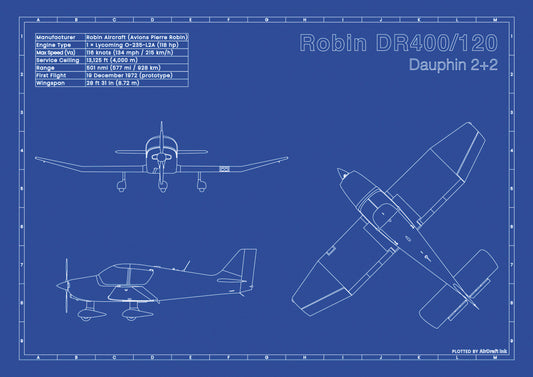 Robin DR400 120 hp Dauphin 2+2 technical aircraft plan drawing in blueprint style, aviation wall art poster gift for aircraft enthusiasts and pilots. 