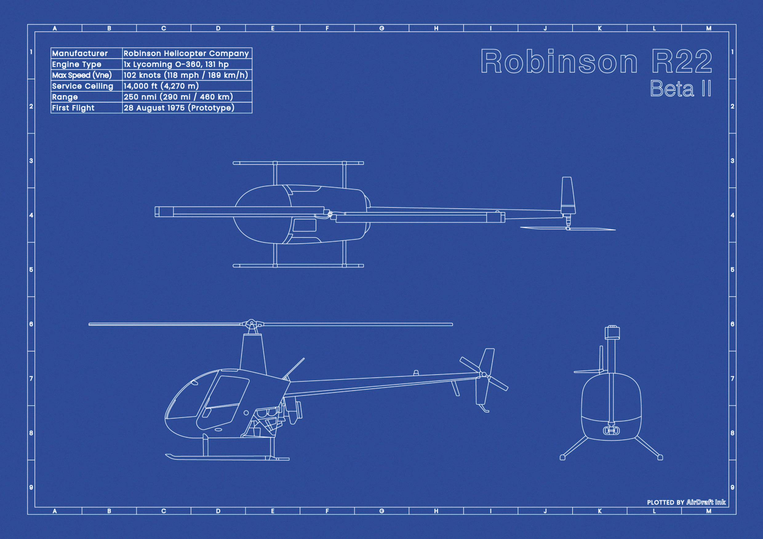 Robinson R22 Beta II｜Technical blueprint, Drawn in Ink｜Perfect gift for ...