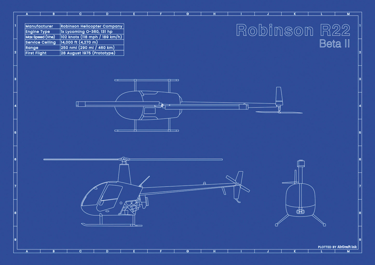 Helicopter Robinson R22 Beta II technical aircraft plan drawing in blueprint style, aviation wall art poster gift for aircraft enthusiasts and pilots.