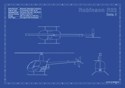 Helicopter Robinson R22 Beta II technical aircraft plan drawing in blueprint style, aviation wall art poster gift for aircraft enthusiasts and pilots.