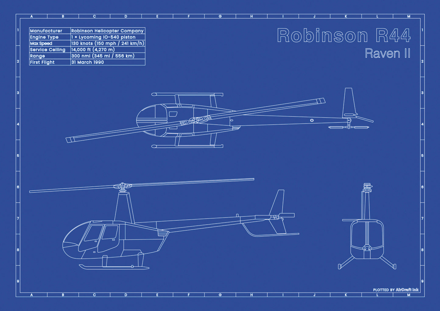 Helicopter Robinson R44 Raven II technical aircraft plan drawing in blueprint style, aviation wall art poster gift for aircraft enthusiasts and pilots.