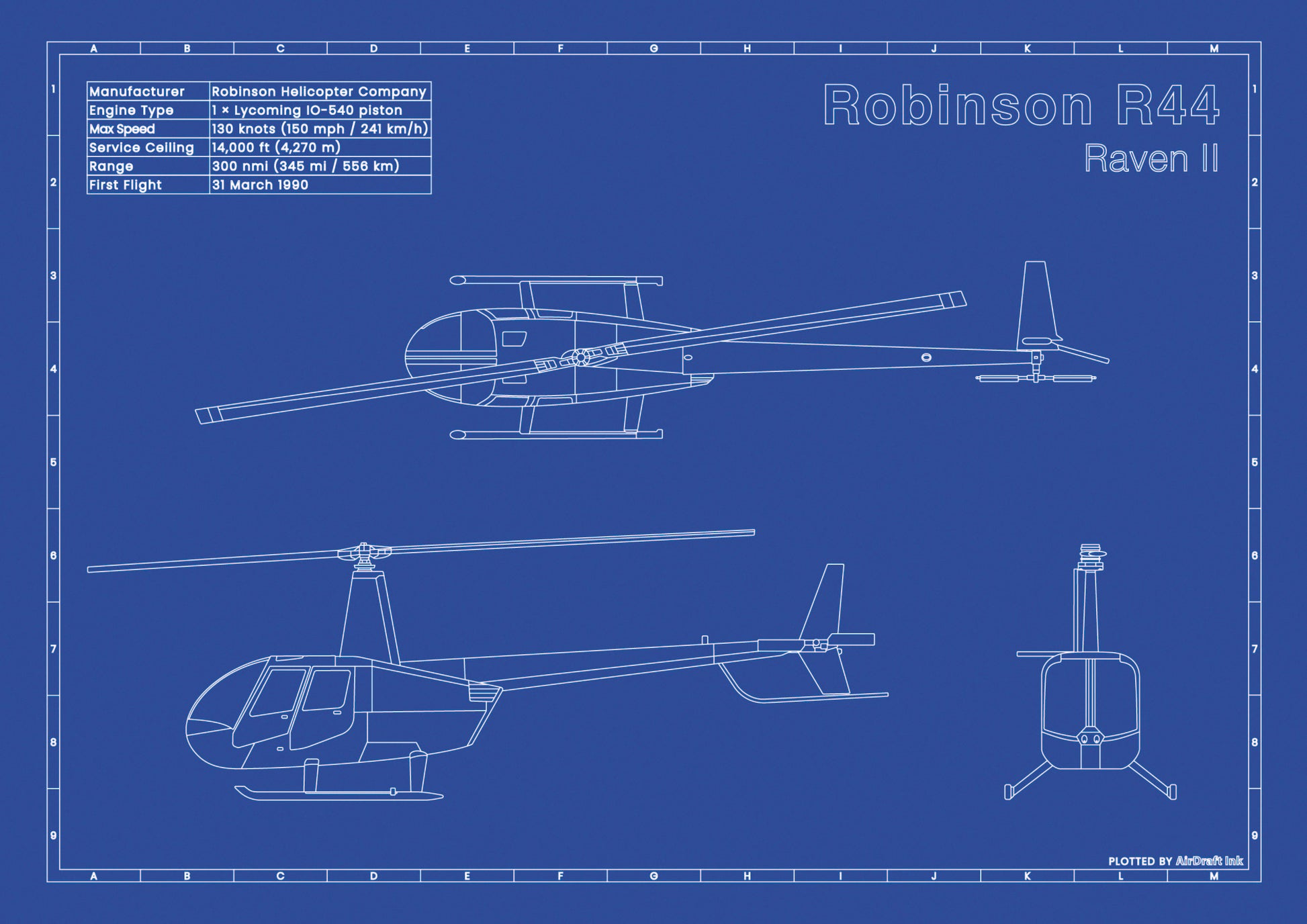 Helicopter Robinson R44 Raven II technical aircraft plan drawing in blueprint style, aviation wall art poster gift for aircraft enthusiasts and pilots.