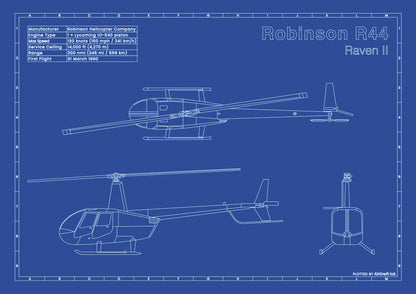 Helicopter Robinson R44 Raven II technical aircraft plan drawing in blueprint style, aviation wall art poster gift for aircraft enthusiasts and pilots.