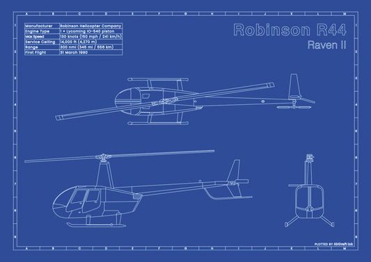 Helicopter Robinson R44 Raven II technical aircraft plan drawing in blueprint style, aviation wall art poster gift for aircraft enthusiasts and pilots.