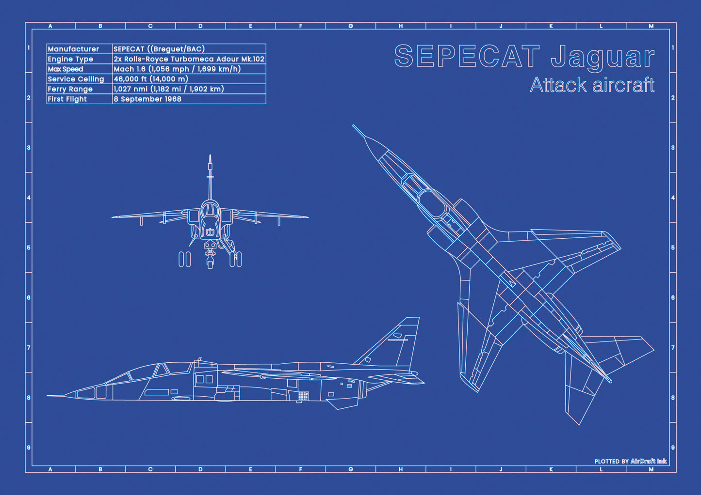 SEPECAT JAGUAR technical aircraft plan drawing in blueprint style, aviation wall art poster gift for aircraft enthusiasts and pilots.