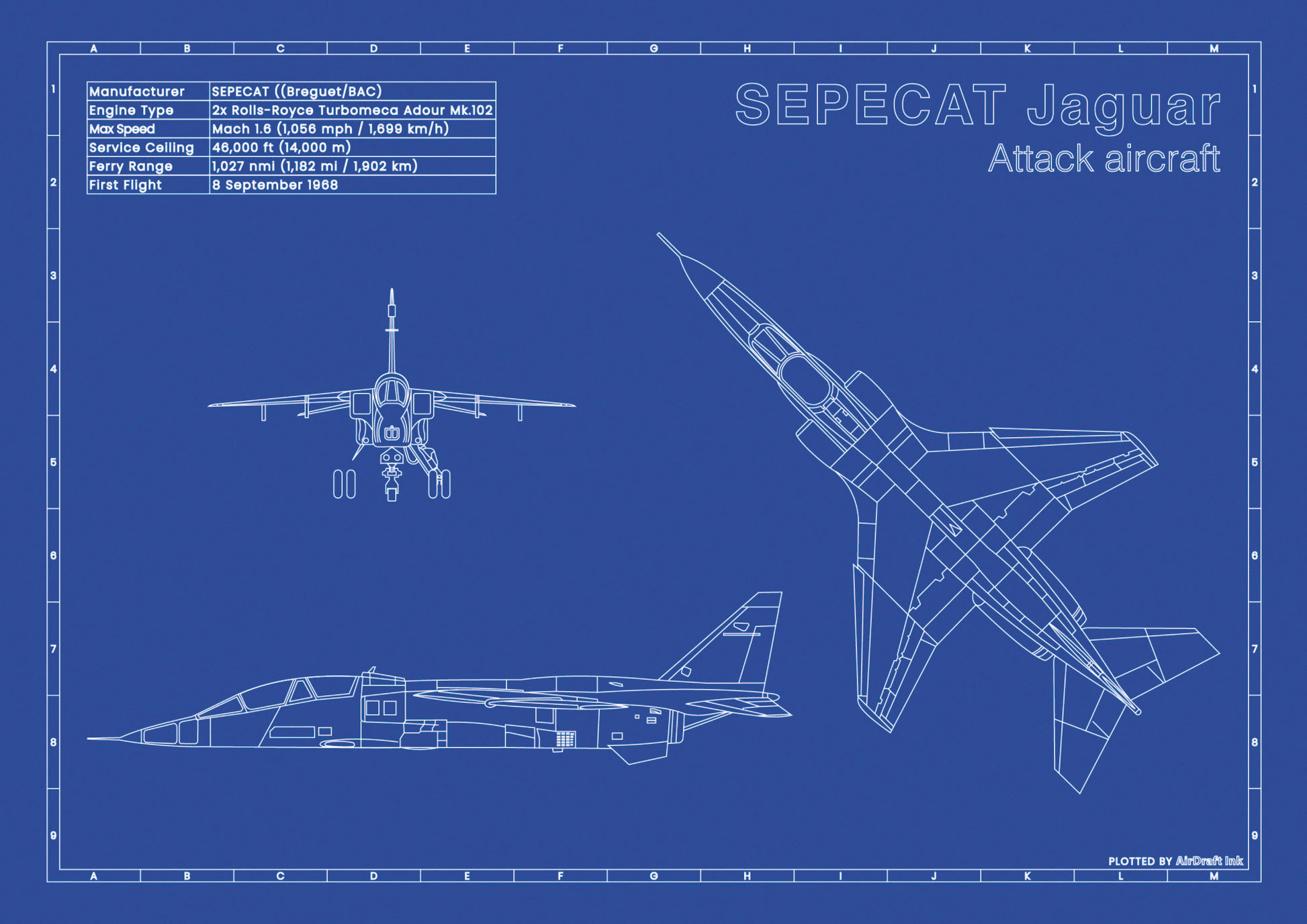SEPECAT JAGUAR technical aircraft plan drawing in blueprint style, aviation wall art poster gift for aircraft enthusiasts and pilots.