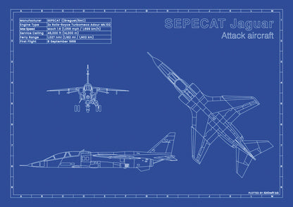 SEPECAT JAGUAR technical aircraft plan drawing in blueprint style, aviation wall art poster gift for aircraft enthusiasts and pilots.