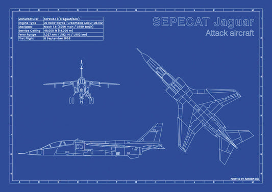 SEPECAT JAGUAR technical aircraft plan drawing in blueprint style, aviation wall art poster gift for aircraft enthusiasts and pilots.