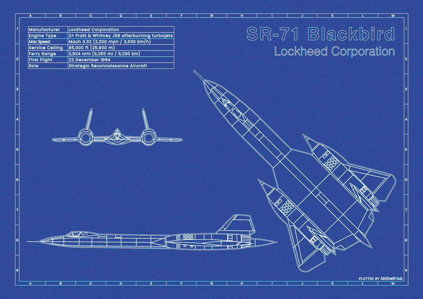 Lockheed SR-71 Blackbird technical aircraft plan drawing in blueprint style, aviation wall art poster gift for aircraft enthusiasts and pilots.