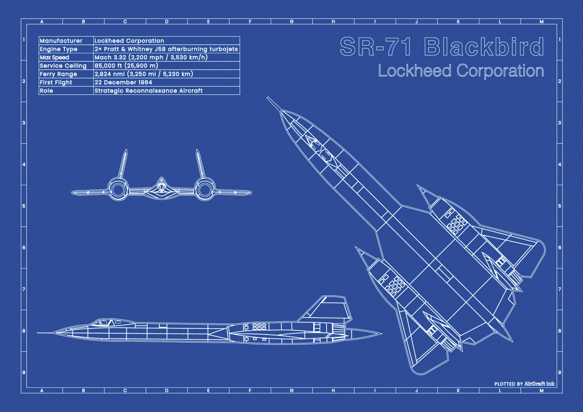 Lockheed SR-71 Blackbird technical aircraft plan drawing in blueprint style, aviation wall art poster gift for aircraft enthusiasts and pilots.