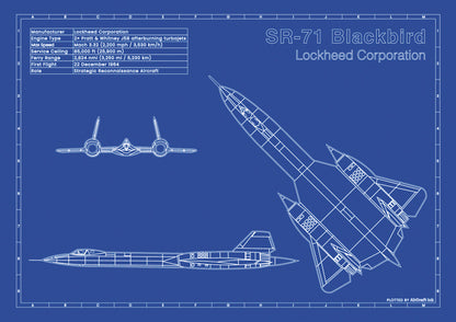 Lockheed SR-71 Blackbird technical aircraft plan drawing in blueprint style, aviation wall art poster gift for aircraft enthusiasts and pilots.
