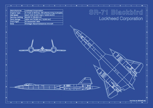 Lockheed SR-71 Blackbird technical aircraft plan drawing in blueprint style, aviation wall art poster gift for aircraft enthusiasts and pilots.
