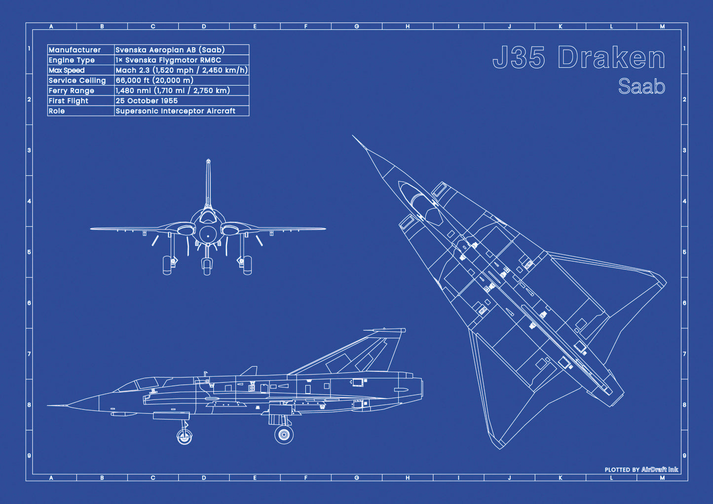 Saab-J35-Draken technical aircraft plan drawing in blueprint style, aviation wall art poster gift for aircraft enthusiasts and pilots.