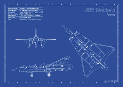 Saab-J35-Draken technical aircraft plan drawing in blueprint style, aviation wall art poster gift for aircraft enthusiasts and pilots.