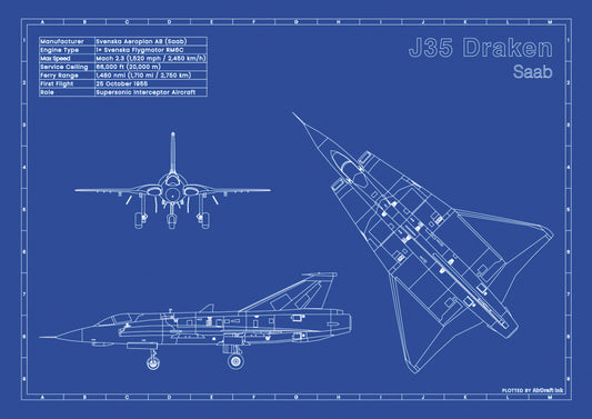 Saab-J35-Draken technical aircraft plan drawing in blueprint style, aviation wall art poster gift for aircraft enthusiasts and pilots.