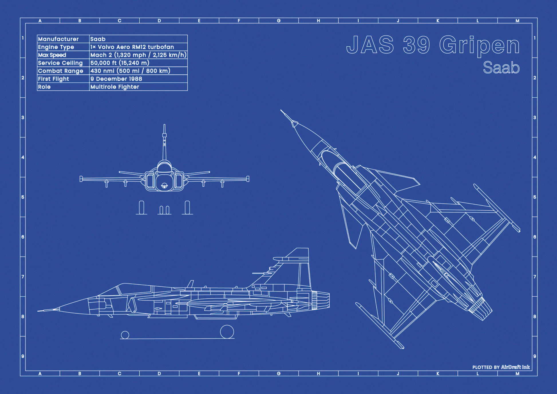 Saab JAS 39 Gripen technical aircraft plan drawing in blueprint style, aviation wall art poster gift for aircraft enthusiasts and pilots.