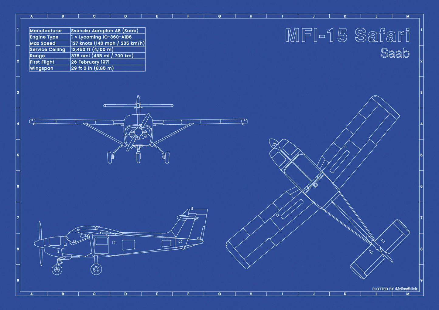 Saab MFI 15 Safari technical aircraft plan drawing in blueprint style, aviation wall art poster gift for aircraft enthusiasts and pilots.