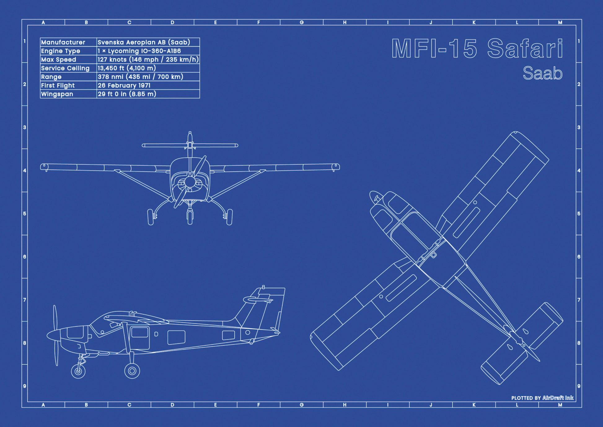 Saab MFI 15 Safari technical aircraft plan drawing in blueprint style, aviation wall art poster gift for aircraft enthusiasts and pilots.