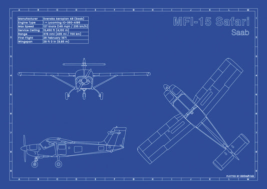 Saab MFI 15 Safari technical aircraft plan drawing in blueprint style, aviation wall art poster gift for aircraft enthusiasts and pilots.