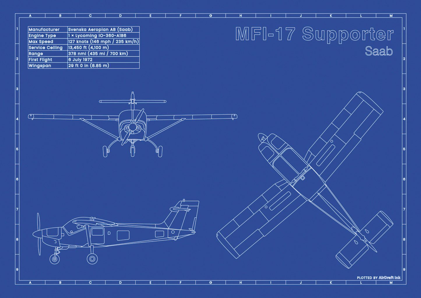Saab MFI 17 Supporter technical aircraft plan drawing in blueprint style, aviation wall art poster gift for aircraft enthusiasts and pilots.