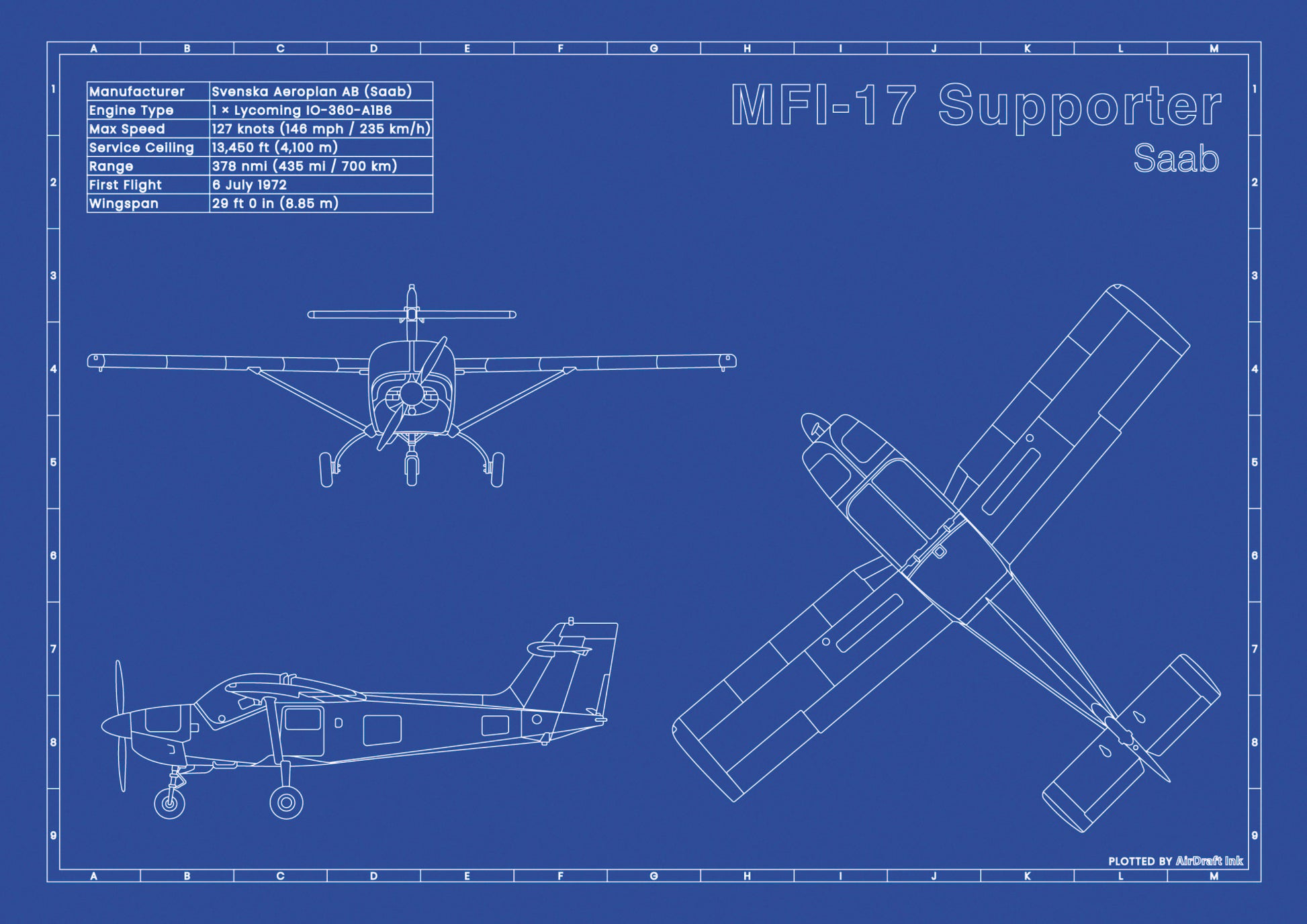 Saab MFI 17 Supporter technical aircraft plan drawing in blueprint style, aviation wall art poster gift for aircraft enthusiasts and pilots.