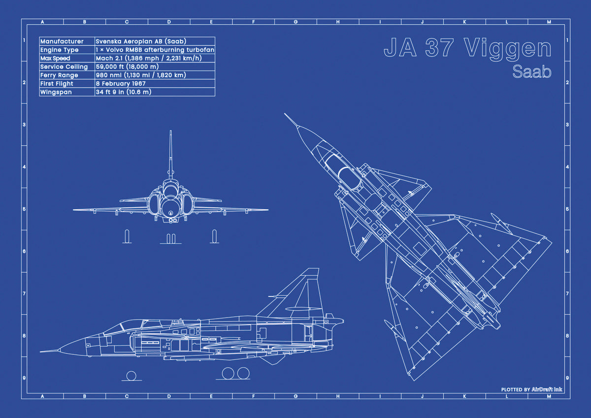 Saab JA 37 Viggen technical aircraft plan drawing in blueprint style, aviation wall art poster gift for aircraft enthusiasts and pilots.
