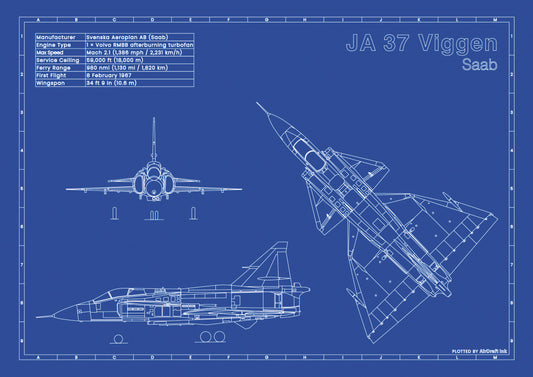 Saab JA 37 Viggen technical aircraft plan drawing in blueprint style, aviation wall art poster gift for aircraft enthusiasts and pilots.