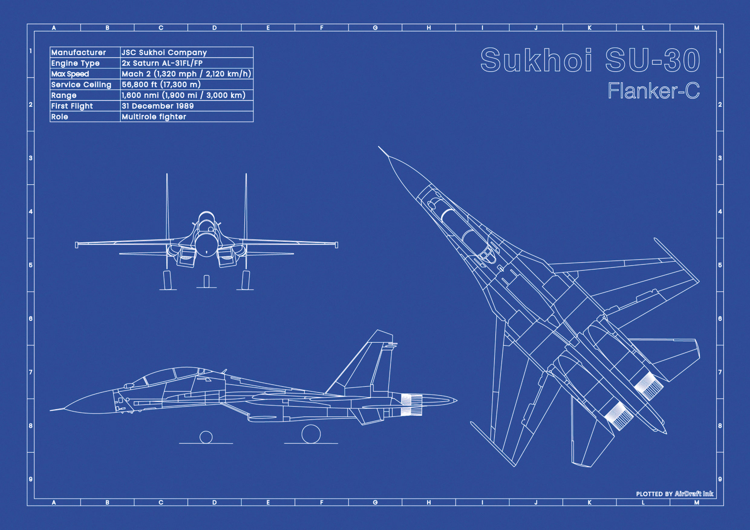 Sukhoi Su-30｜Technical blueprint, Drawn in Ink｜Perfect gift for ...