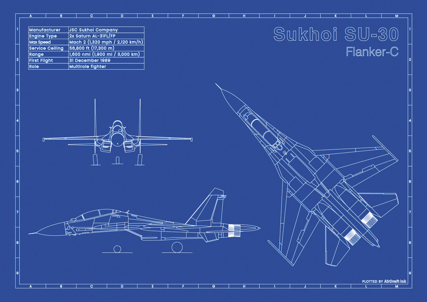 Sukhoi-SU-30 technical aircraft plan drawing in blueprint style, aviation wall art poster gift for aircraft enthusiasts and pilots.