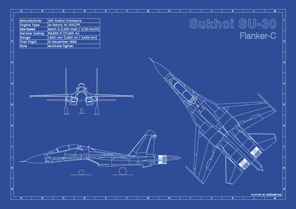 Sukhoi-SU-30 technical aircraft plan drawing in blueprint style, aviation wall art poster gift for aircraft enthusiasts and pilots.
