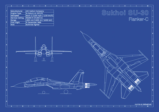 Sukhoi-SU-30 technical aircraft plan drawing in blueprint style, aviation wall art poster gift for aircraft enthusiasts and pilots.