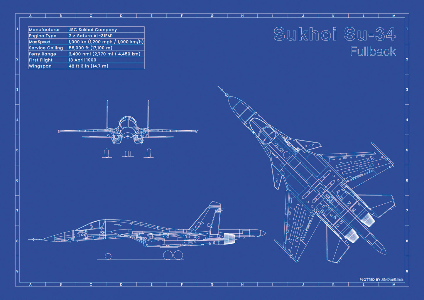 Sukhoi Su-34 technical aircraft plan drawing in blueprint style, aviation wall art poster gift for aircraft enthusiasts and pilots.
