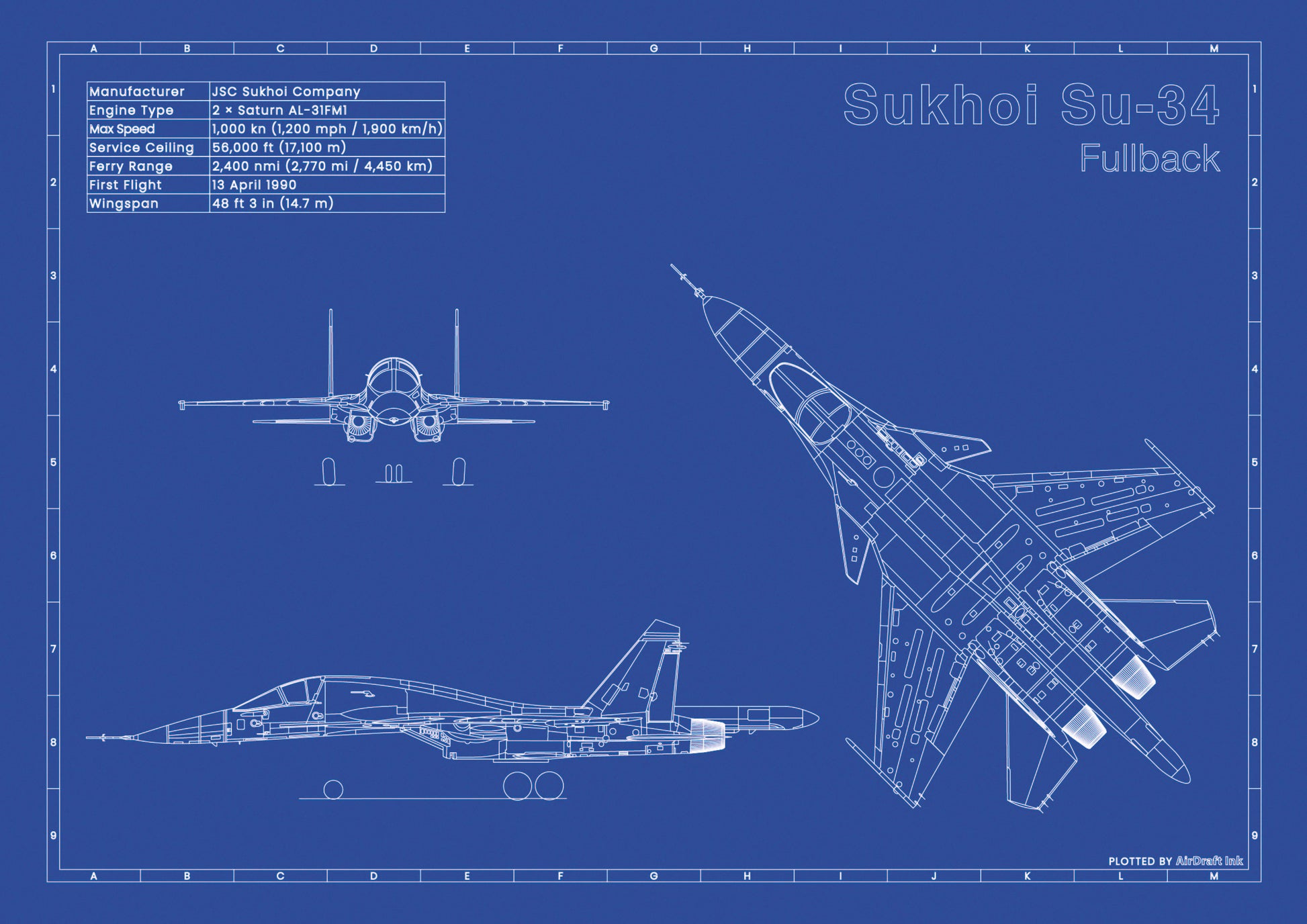 Sukhoi Su-34 technical aircraft plan drawing in blueprint style, aviation wall art poster gift for aircraft enthusiasts and pilots.