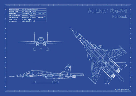 Sukhoi Su-34 technical aircraft plan drawing in blueprint style, aviation wall art poster gift for aircraft enthusiasts and pilots.
