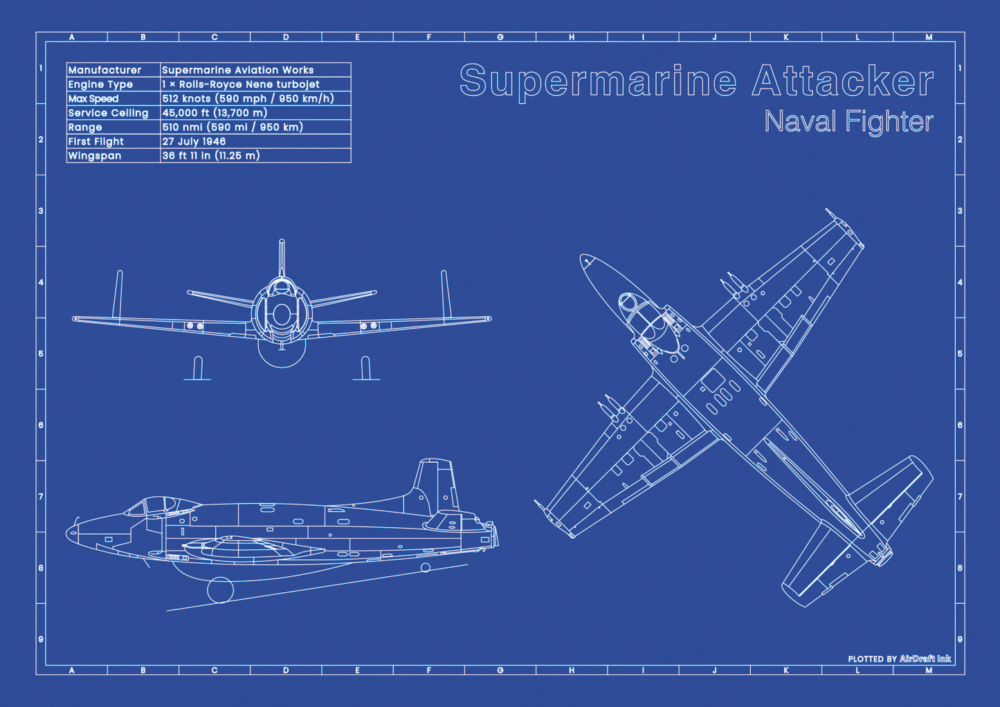 Supermarine Attacker technical aircraft plan drawing in blueprint style, aviation wall art poster gift for aircraft enthusiasts and pilots.