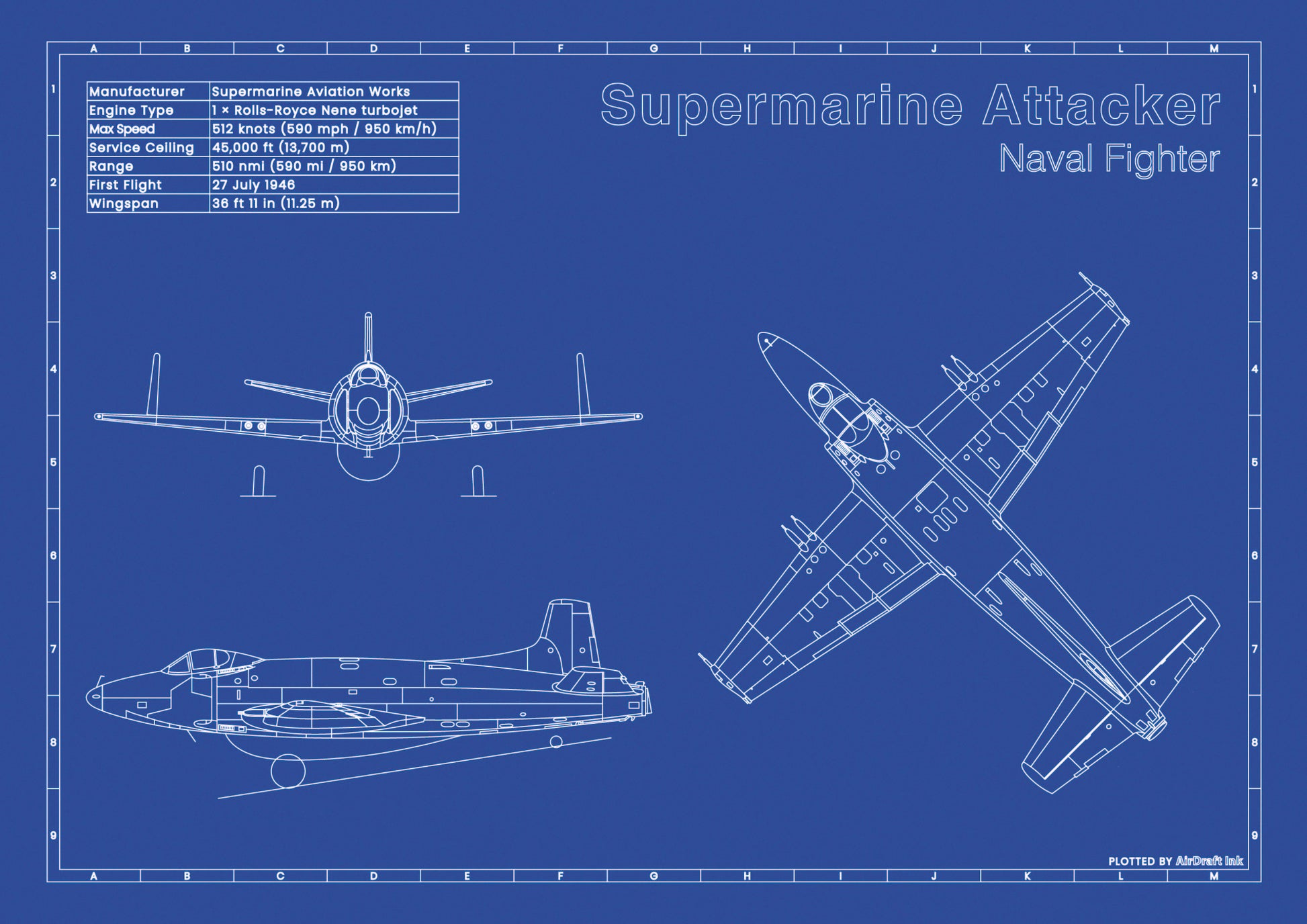 Supermarine Attacker technical aircraft plan drawing in blueprint style, aviation wall art poster gift for aircraft enthusiasts and pilots.