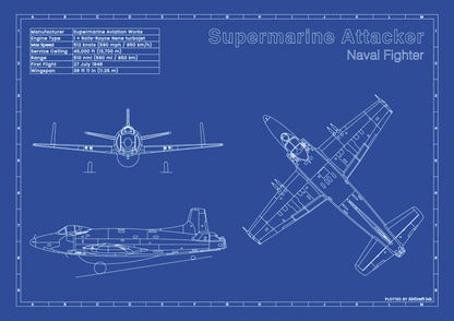 Supermarine Attacker technical aircraft plan drawing in blueprint style, aviation wall art poster gift for aircraft enthusiasts and pilots.