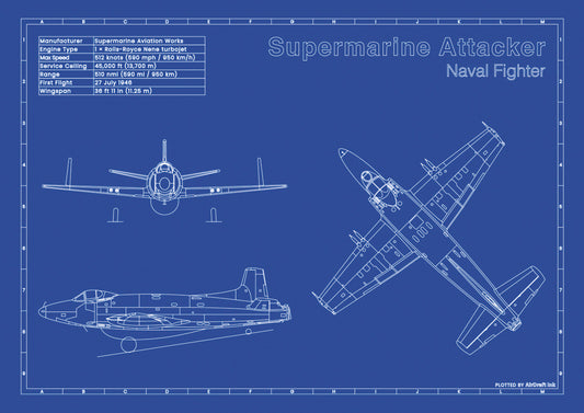 Supermarine Attacker technical aircraft plan drawing in blueprint style, aviation wall art poster gift for aircraft enthusiasts and pilots.