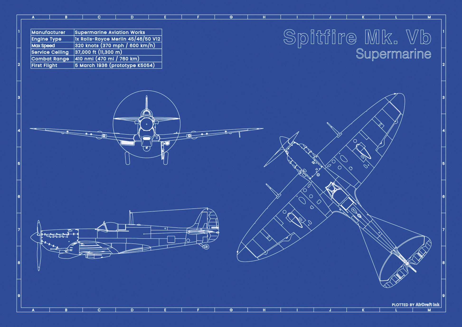 Supermarine SpitfireMk. Vb technical aircraft plan drawing in blueprint style, aviation wall art poster gift for aircraft enthusiasts and pilots.