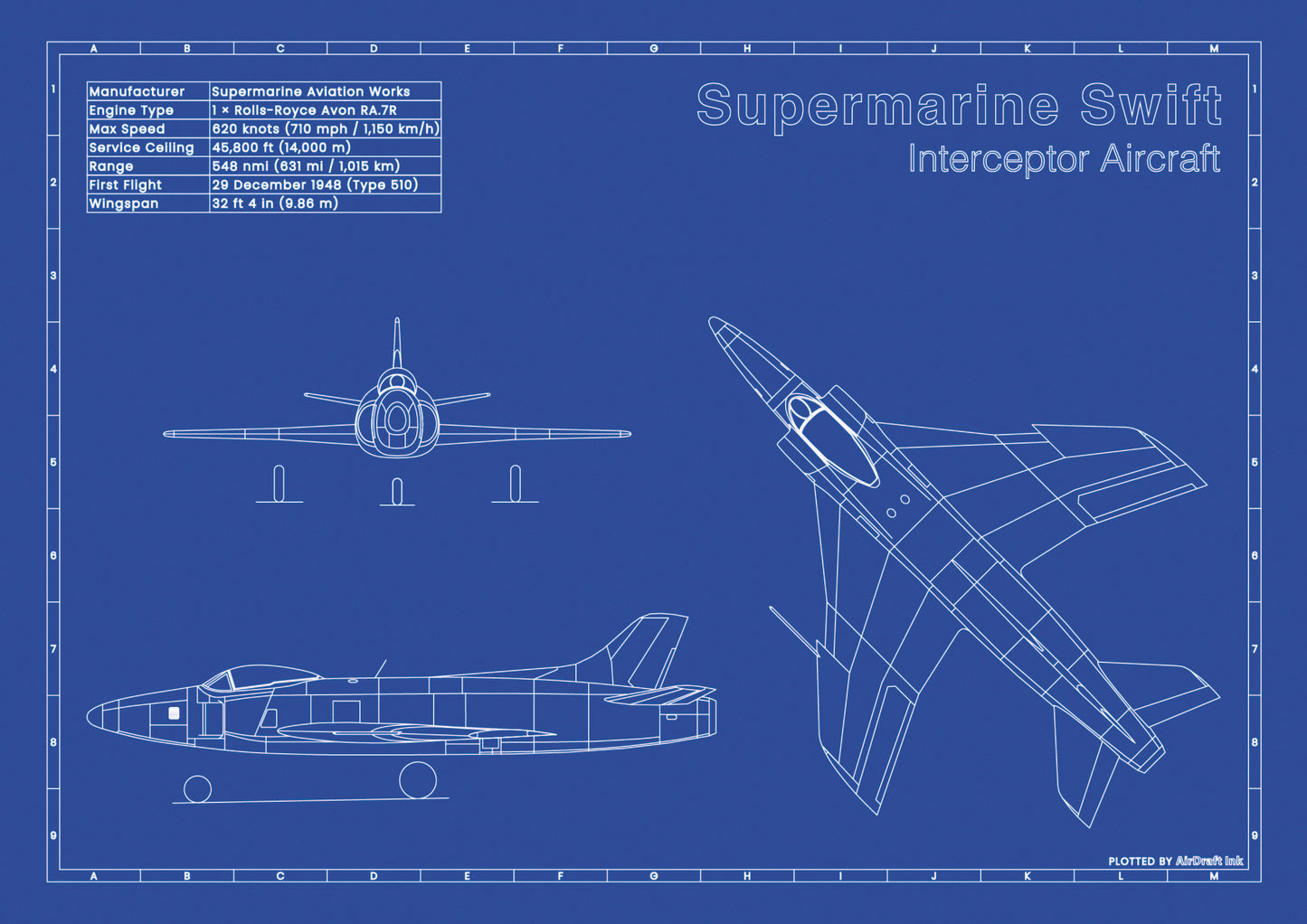 Supermarine Swift technical aircraft plan drawing in blueprint style, aviation wall art poster gift for aircraft enthusiasts and pilots.
