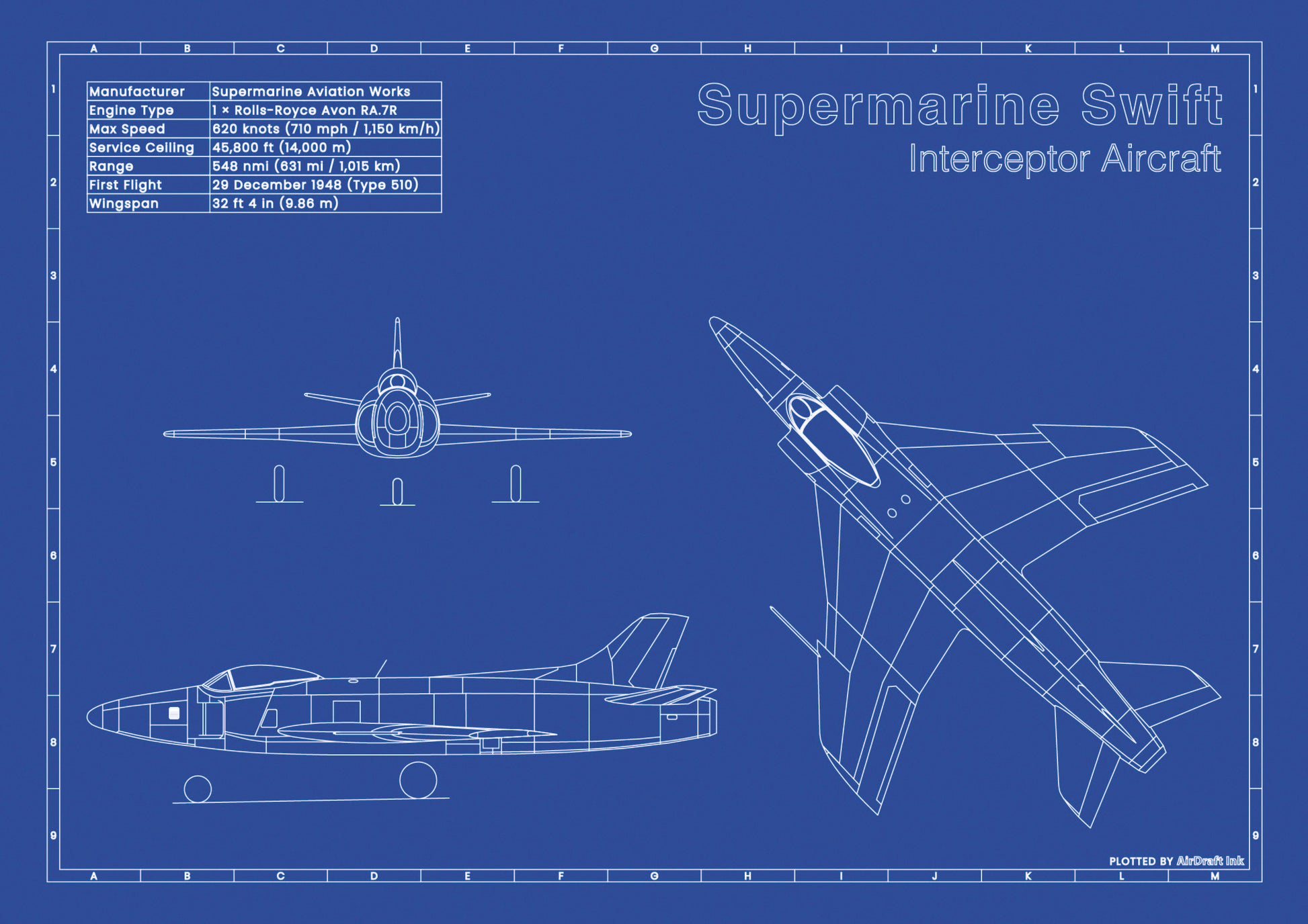 Supermarine Swift technical aircraft plan drawing in blueprint style, aviation wall art poster gift for aircraft enthusiasts and pilots.