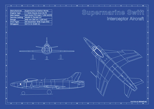 Supermarine Swift technical aircraft plan drawing in blueprint style, aviation wall art poster gift for aircraft enthusiasts and pilots.