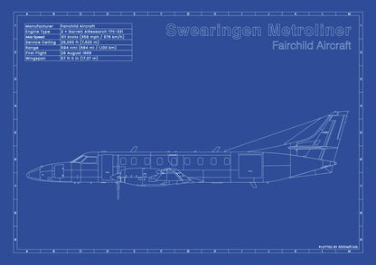 Swearingen Metroliner technical aircraft plan drawing in blueprint style, aviation wall art poster gift for aircraft enthusiasts and pilots.