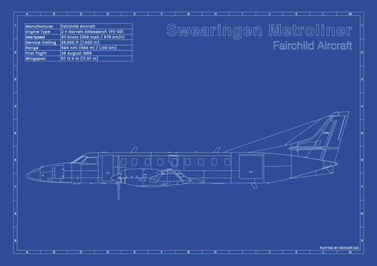 Swearingen Metroliner technical aircraft plan drawing in blueprint style, aviation wall art poster gift for aircraft enthusiasts and pilots.