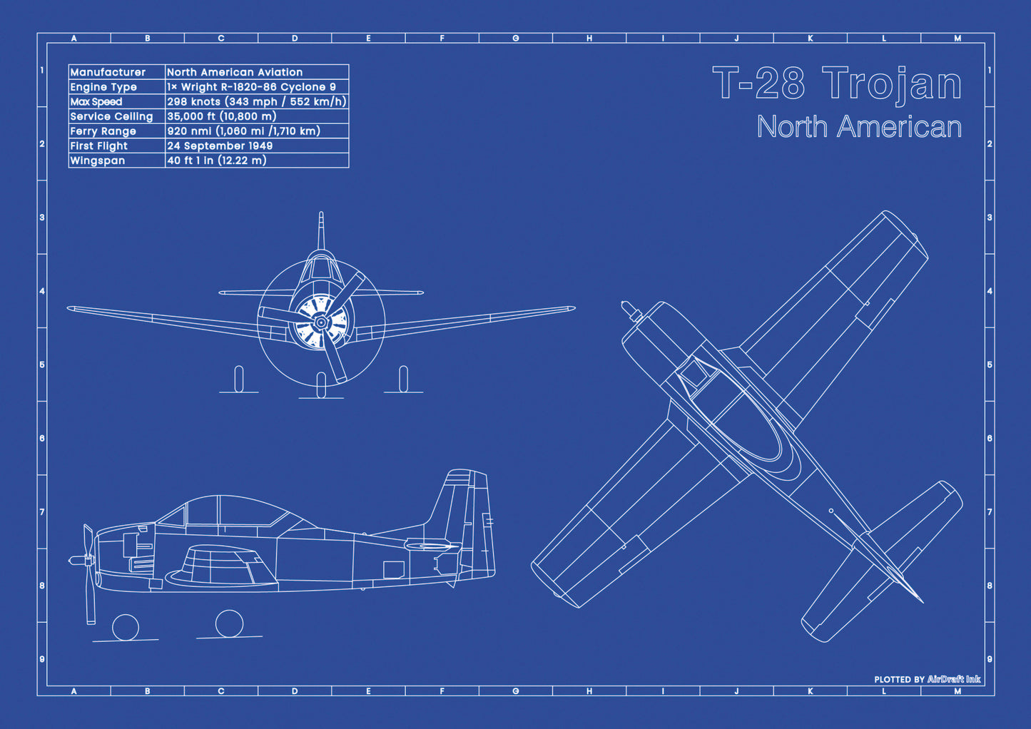 T-28B Trojan technical aircraft plan drawing in blueprint style, aviation wall art poster gift for aircraft enthusiasts and pilots.