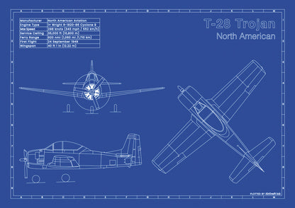 T-28B Trojan technical aircraft plan drawing in blueprint style, aviation wall art poster gift for aircraft enthusiasts and pilots.