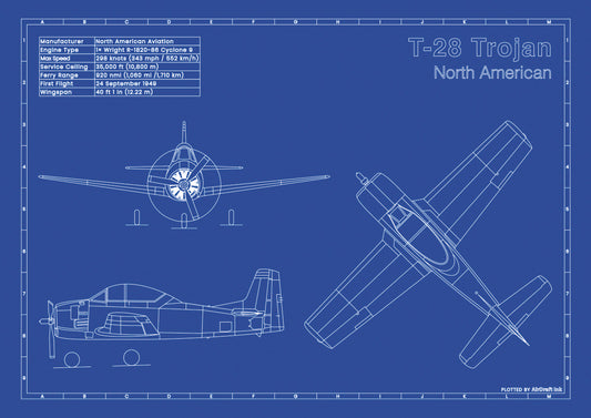 T-28B Trojan technical aircraft plan drawing in blueprint style, aviation wall art poster gift for aircraft enthusiasts and pilots.