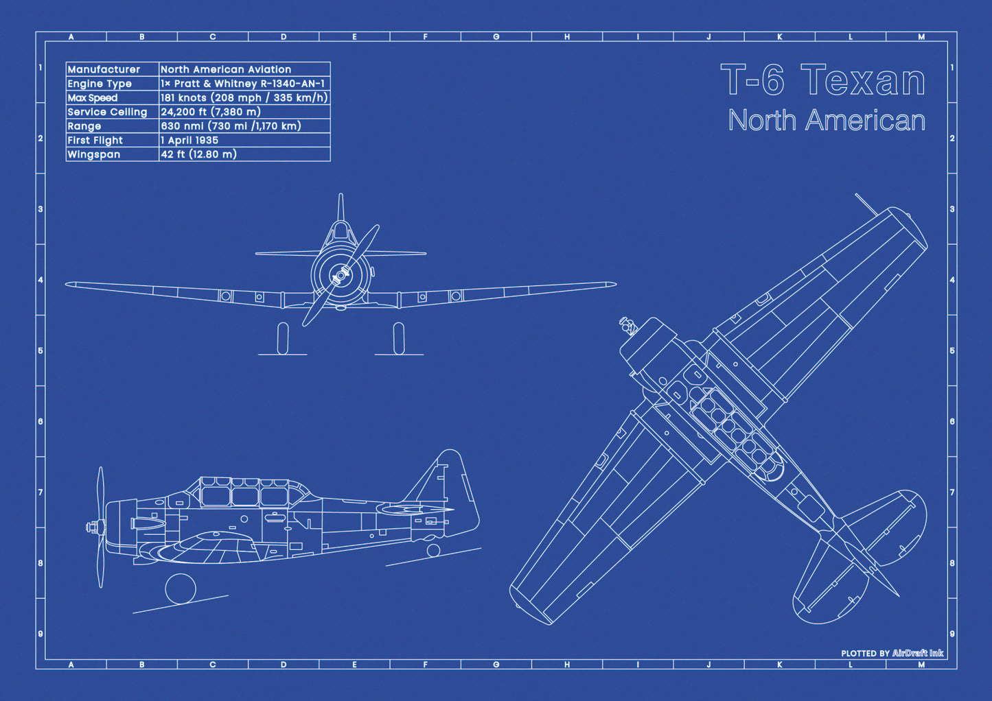 North American T-6-Texan technical aircraft plan drawing in blueprint style, aviation wall art poster gift for aircraft enthusiasts and pilots.